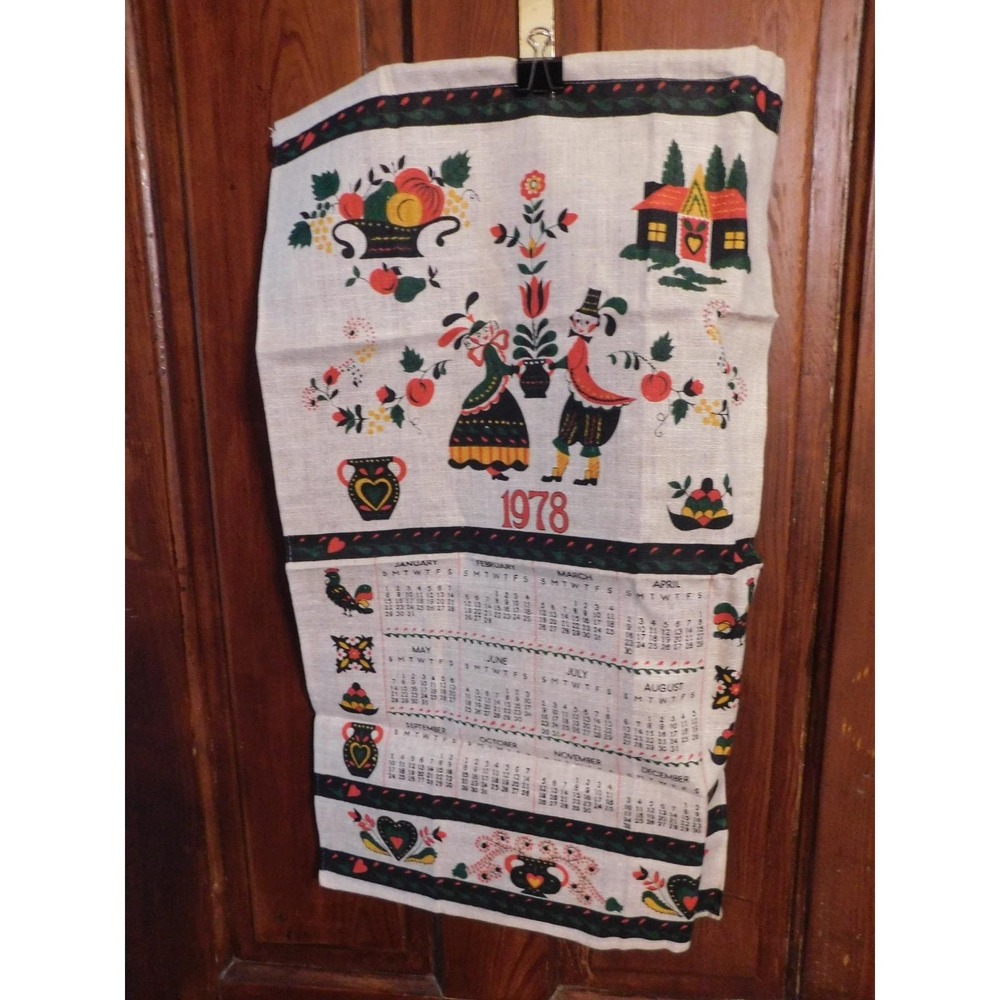 Vintage 1978 Linen Calendar Tea Towel Dutch Folk Art